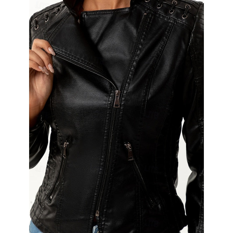 Faux Leather Biker Jacket Women's Black Zip-Up – Casual, Office