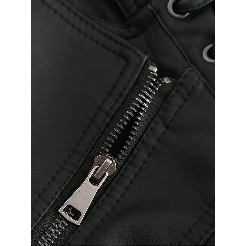Faux Leather Biker Jacket Women's Black Zip-Up – Casual, Office