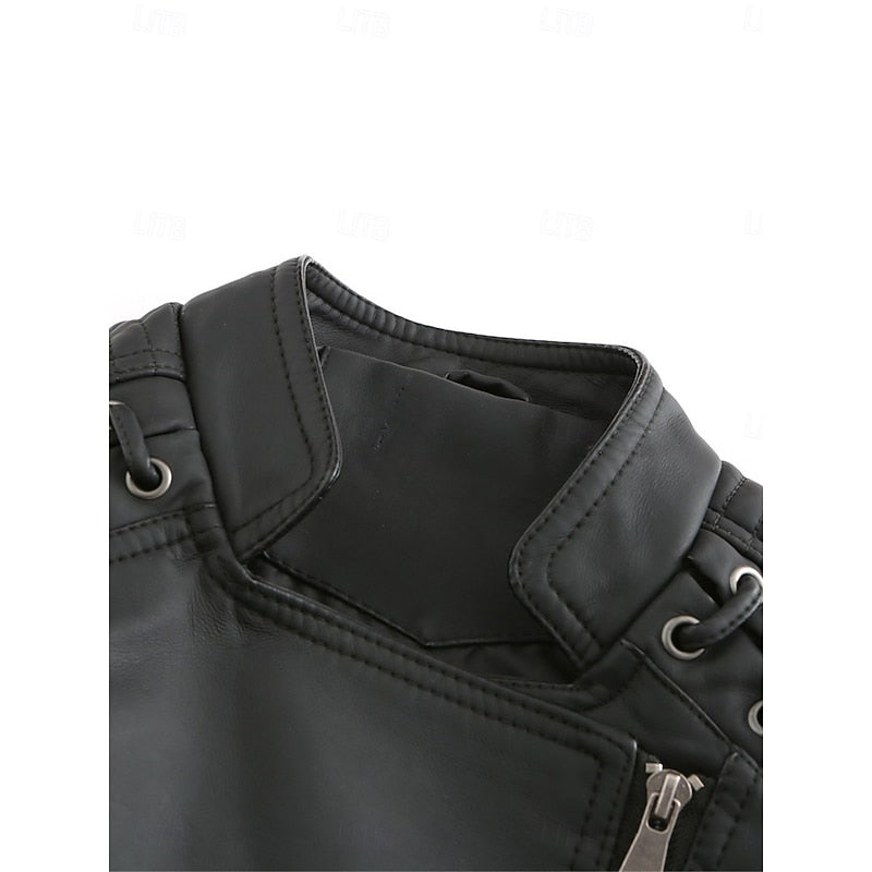 Faux Leather Biker Jacket Women's Black Zip-Up – Casual, Office