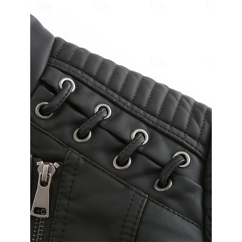 Faux Leather Biker Jacket Women's Black Zip-Up – Casual, Office