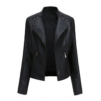 Faux Leather Biker Jacket Women's Black Zip-Up – Casual, Office