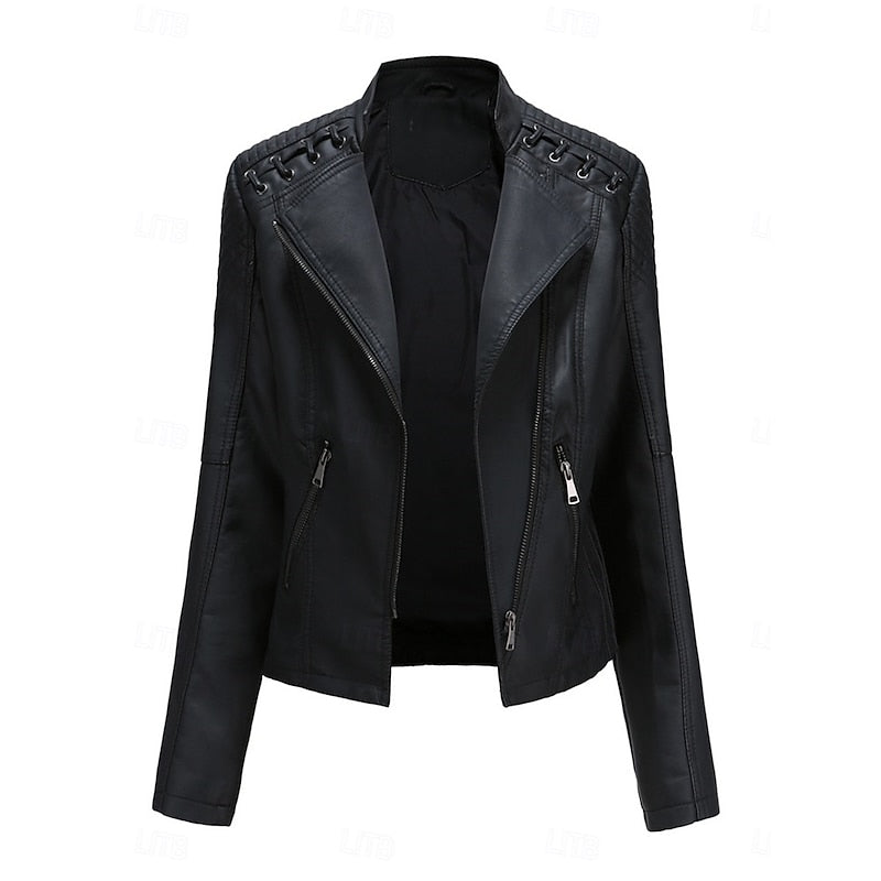 Faux Leather Biker Jacket Women's Black Zip-Up – Casual, Office