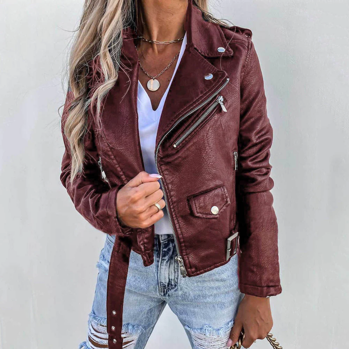 Burgundy Faux Leather Biker Jacket Women's Slim Fit Moto – Casual, Gift
