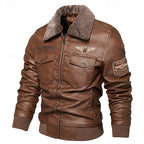 Faux Leather Bomber Jacket Men's Brown Fleece Collar – Casual, Winter