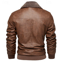 Faux Leather Bomber Jacket Men's Brown Fleece Collar – Casual, Winter