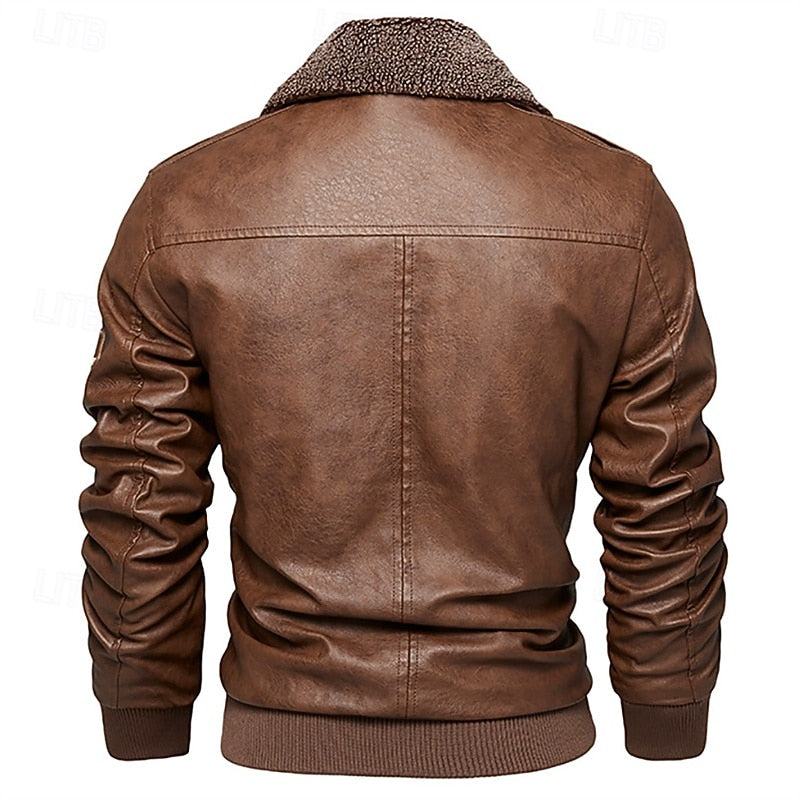 Faux Leather Bomber Jacket Men's Brown Fleece Collar – Casual, Winter