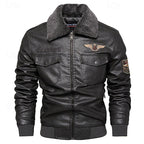 Faux Leather Bomber Jacket Men's Brown Fleece Collar – Casual, Winter
