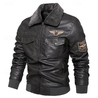 Faux Leather Bomber Jacket Men's Brown Fleece Collar – Casual, Winter