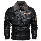 Faux Leather Bomber Jacket Men's Brown Fleece Collar – Casual, Winter