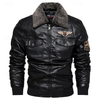 Faux Leather Bomber Jacket Men's Brown Fleece Collar – Casual, Winter