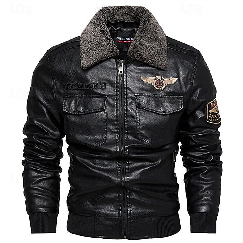 Faux Leather Bomber Jacket Men's Brown Fleece Collar – Casual, Winter