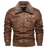 Faux Leather Bomber Jacket Men's Brown Fleece Collar – Casual, Winter
