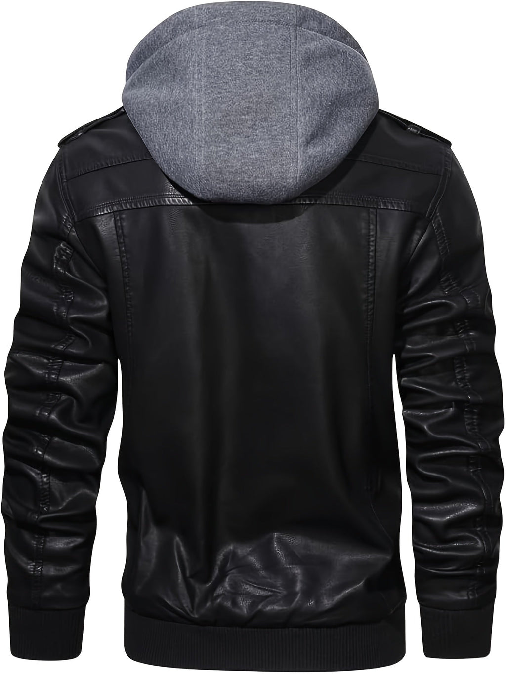 Faux Leather Moto Jacket Men's Black with Removable Hood – Casual, Gift