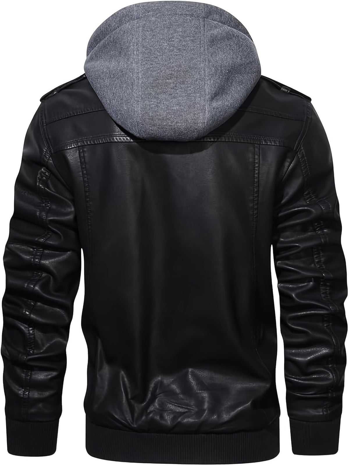 Faux Leather Moto Jacket Men's Black with Removable Hood – Casual, Gift