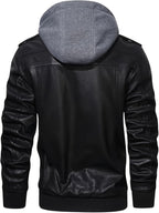 Faux Leather Moto Jacket Men's Black with Removable Hood – Casual, Gift