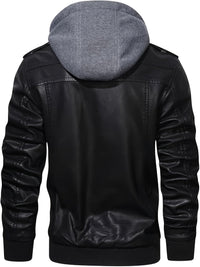 Faux Leather Moto Jacket Men's Black with Removable Hood – Casual, Gift