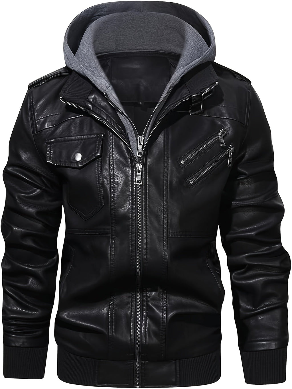Faux Leather Moto Jacket Men's Black with Removable Hood – Casual, Gift