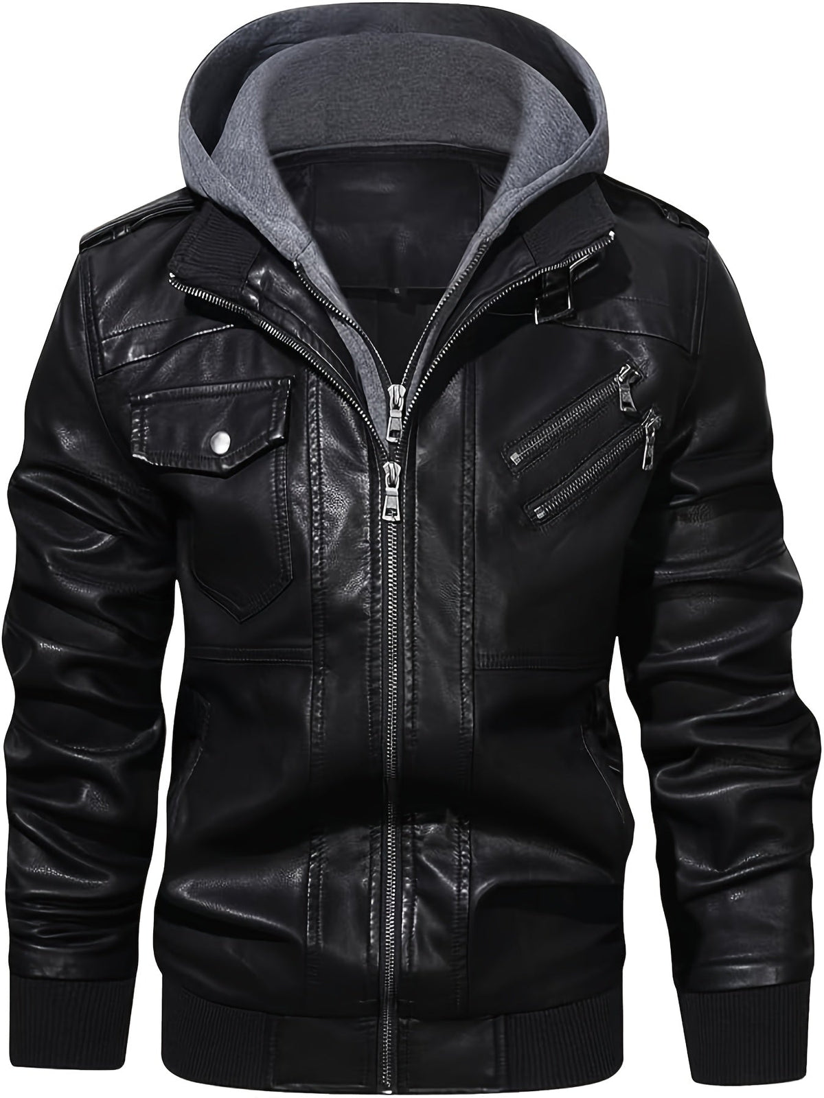 Faux Leather Moto Jacket Men's Black with Removable Hood – Casual, Gift