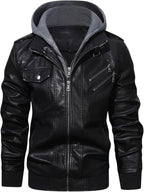 Faux Leather Moto Jacket Men's Black with Removable Hood – Casual, Gift