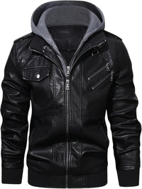 Faux Leather Moto Jacket Men's Black with Removable Hood – Casual, Gift