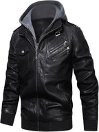 Faux Leather Moto Jacket Men's Black with Removable Hood – Casual, Gift