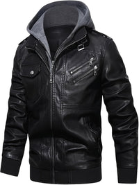 Faux Leather Moto Jacket Men's Black with Removable Hood – Casual, Gift
