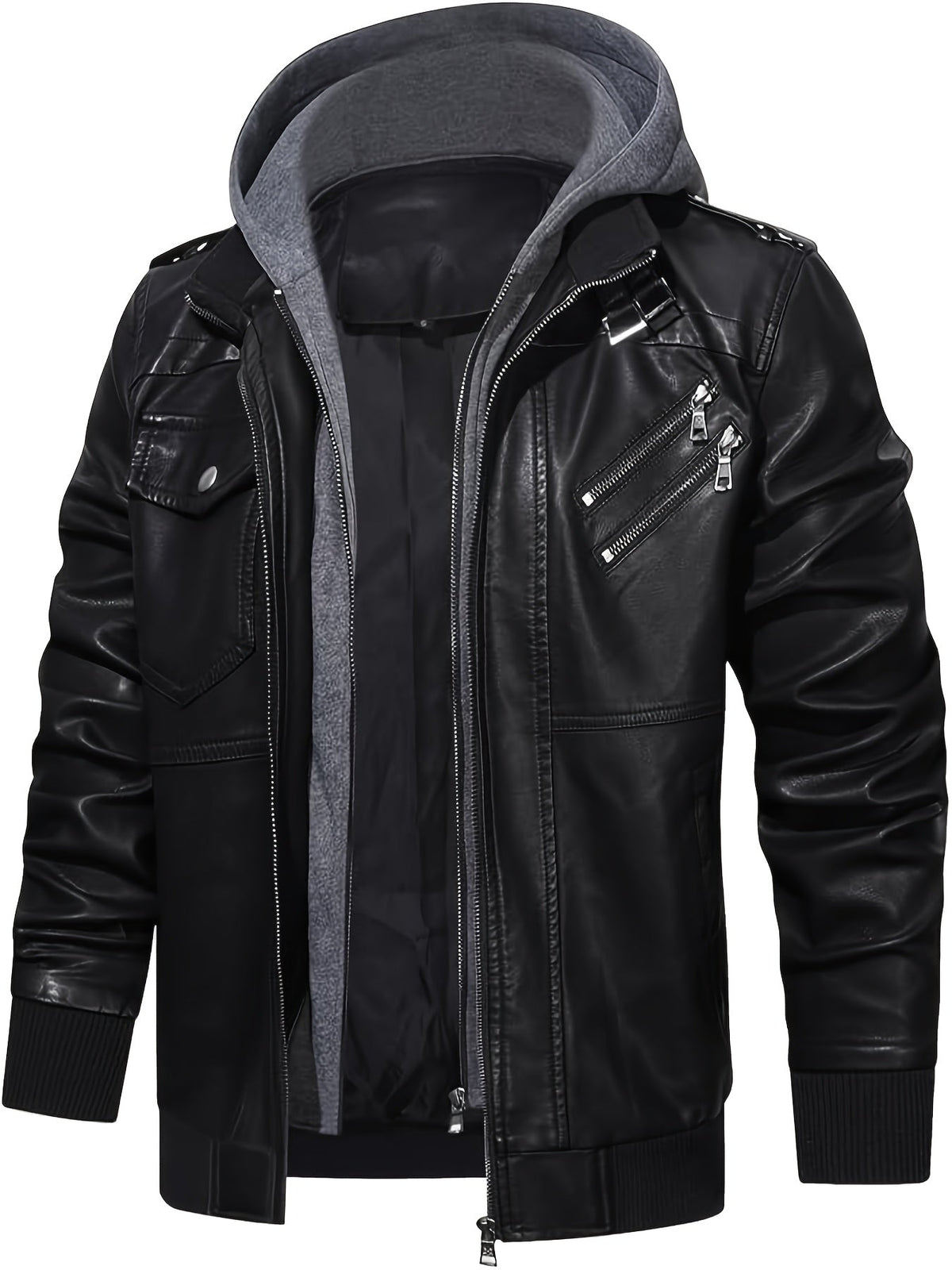 Faux Leather Moto Jacket Men's Black with Removable Hood – Casual, Gift