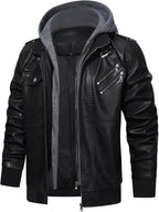Faux Leather Moto Jacket Men's Black with Removable Hood – Casual, Gift