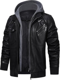 Faux Leather Moto Jacket Men's Black with Removable Hood – Casual, Gift