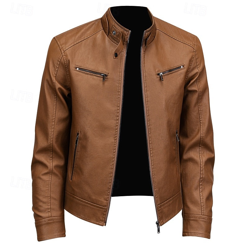 Brown Faux Leather Moto Jacket Men's – Casual, Gift