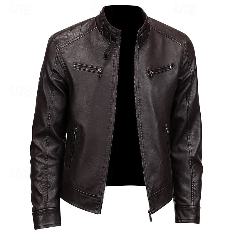 Brown Faux Leather Moto Jacket Men's – Casual, Gift