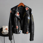 Faux Leather Moto Jacket Women's Floral Embroidered – Casual, Office