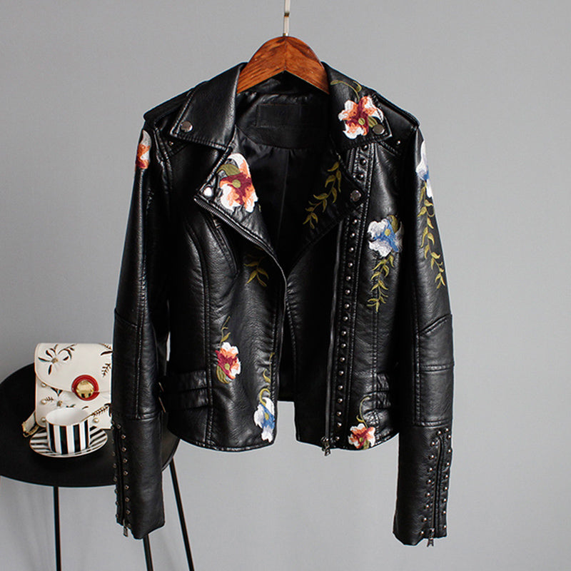 Faux Leather Moto Jacket Women's Floral Embroidered – Casual, Office