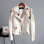 Faux Leather Moto Jacket Women's Floral Embroidered – Casual, Office