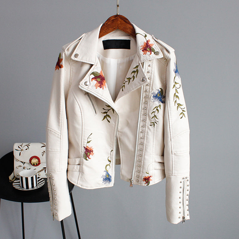 Faux Leather Moto Jacket Women's Floral Embroidered – Casual, Office