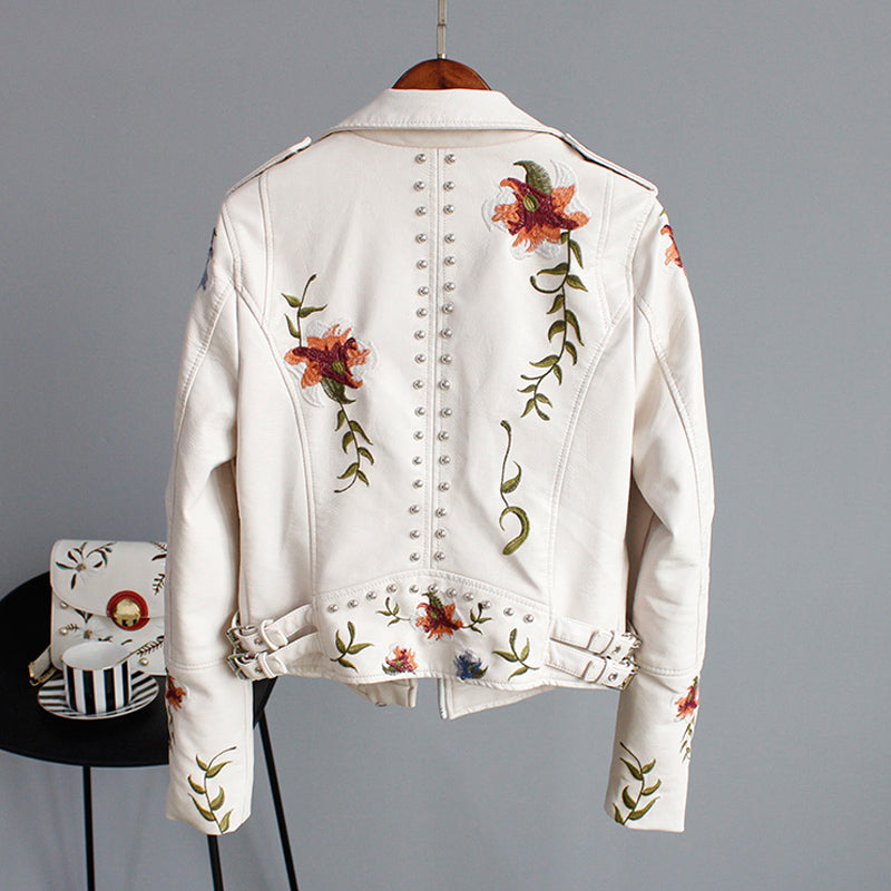 Faux Leather Moto Jacket Women's Floral Embroidered – Casual, Office