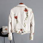 Faux Leather Moto Jacket Women's Floral Embroidered – Casual, Office