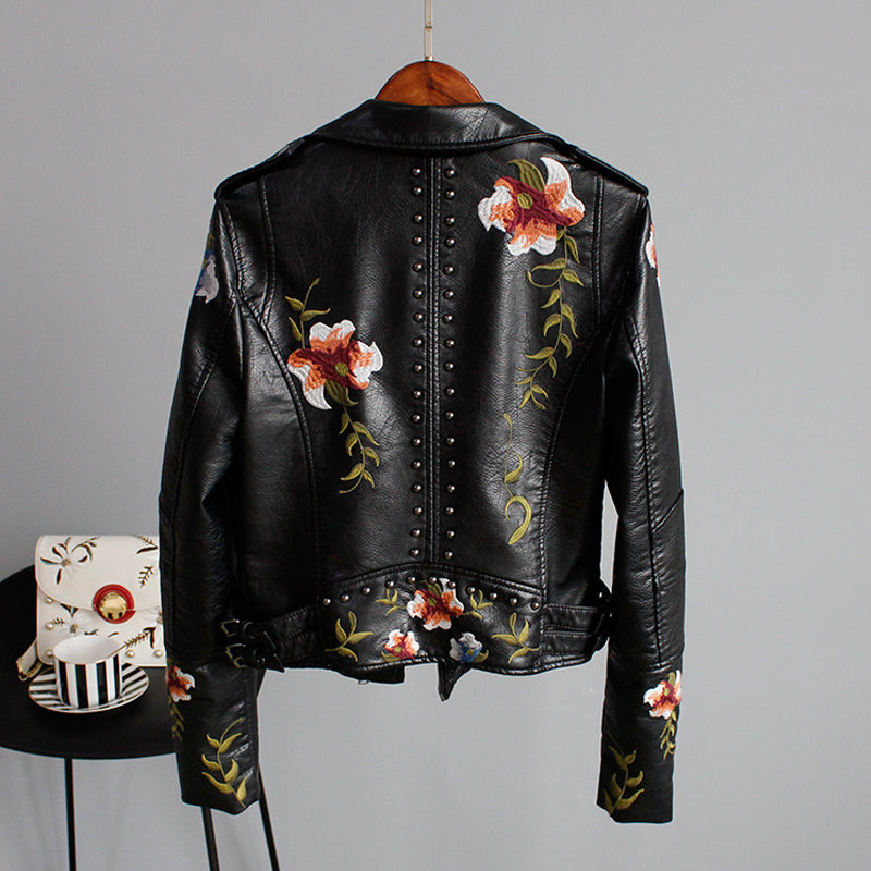 Faux Leather Moto Jacket Women's Floral Embroidered – Casual, Office