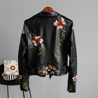 Faux Leather Moto Jacket Women's Floral Embroidered – Casual, Office