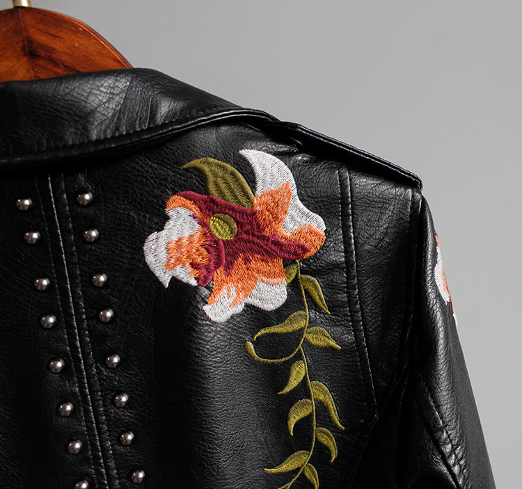 Faux Leather Moto Jacket Women's Floral Embroidered – Casual, Office
