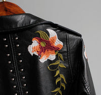 Faux Leather Moto Jacket Women's Floral Embroidered – Casual, Office