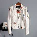 Faux Leather Moto Jacket Women's Floral Embroidered – Casual, Office