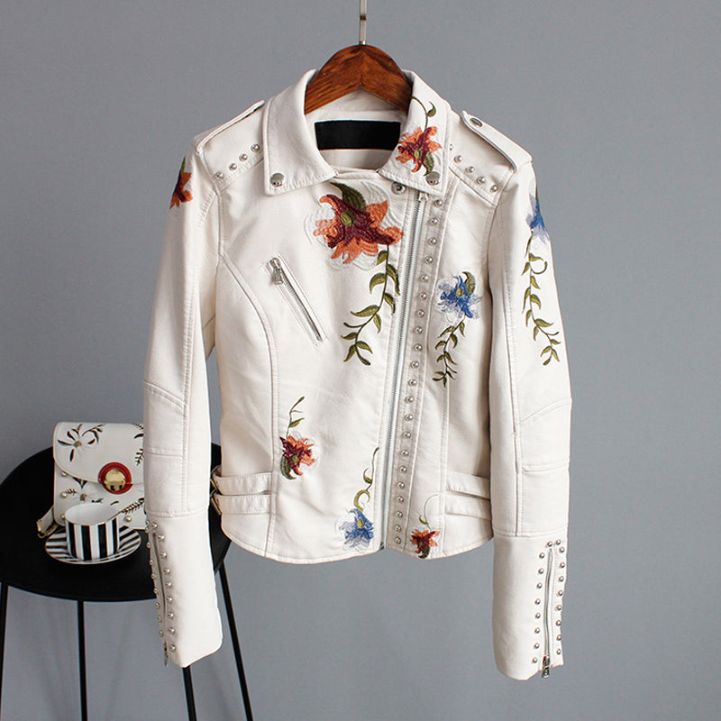 Faux Leather Moto Jacket Women's Floral Embroidered – Casual, Office