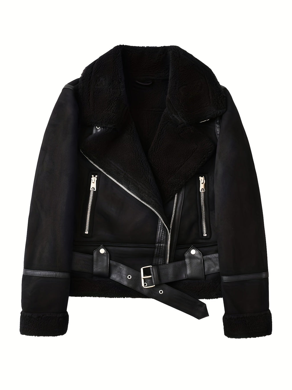 Faux Suede Aviator Jacket Women's Belted Sherpa Collar – Casual, Winter Gift
