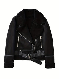 Faux Suede Aviator Jacket Women's Belted Sherpa Collar – Casual, Winter Gift