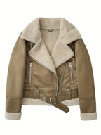 Faux Suede Aviator Jacket Women's Belted Sherpa Collar – Casual, Winter Gift