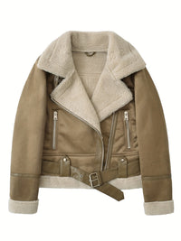Faux Suede Aviator Jacket Women's Belted Sherpa Collar – Casual, Winter Gift
