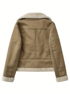 Faux Suede Aviator Jacket Women's Belted Sherpa Collar – Casual, Winter Gift