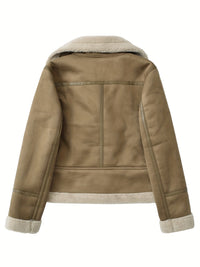 Faux Suede Aviator Jacket Women's Belted Sherpa Collar – Casual, Winter Gift