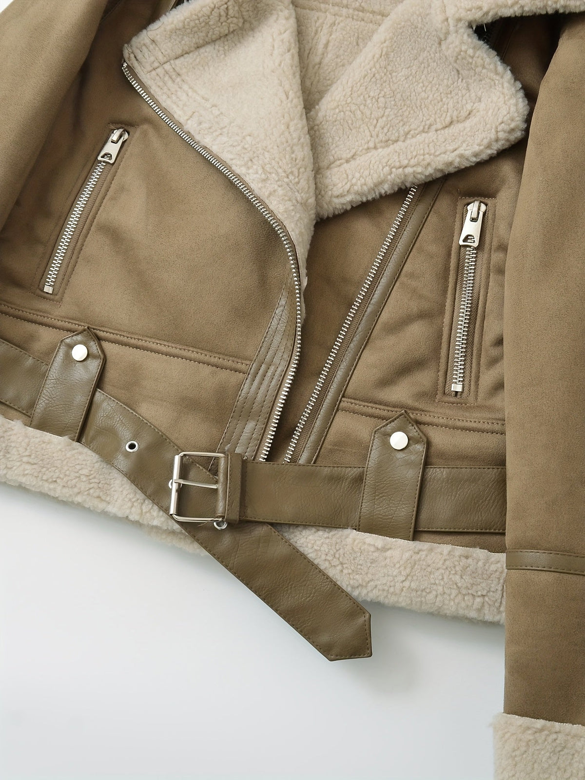 Faux Suede Aviator Jacket Women's Belted Sherpa Collar – Casual, Winter Gift